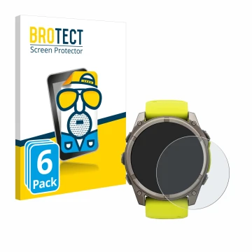Face avant d’un emballage produit avec le logo de la marque BROTECT. À côté, l’appareil Garmin Fenix 8 Solar (51 mm) est repré