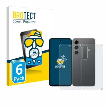 Face avant d’un emballage produit avec le logo de la marque BROTECT. À côté, l’appareil Samsung Galaxy S24 FE (Avant+Arrière) 