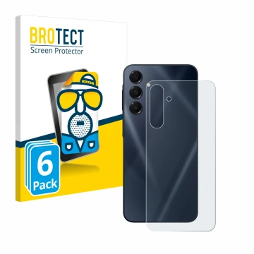 Face avant d’un emballage produit avec le logo de la marque BROTECT. À côté, l’appareil Samsung Galaxy A16 5G (Arrière) est re