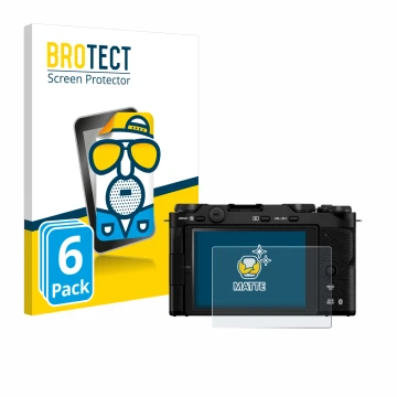 Face avant d’un emballage produit avec le logo de la marque BROTECT. À côté, l’appareil Fujifilm X-M5 est représenté avec la p