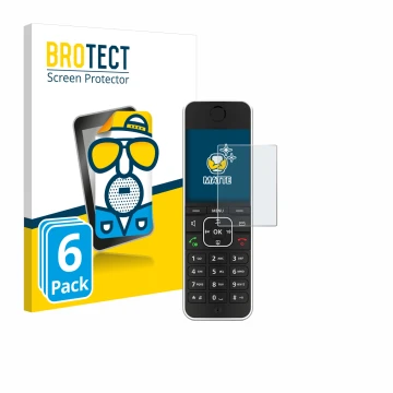 Face avant d’un emballage produit avec le logo de la marque BROTECT. À côté, l’appareil AVM Fritz!Fon C6 Black est représenté 