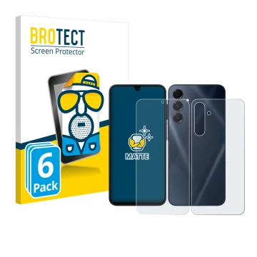 Face avant d’un emballage produit avec le logo de la marque BROTECT. À côté, l’appareil Samsung Galaxy A16 4G (Avant+Arrière) 
