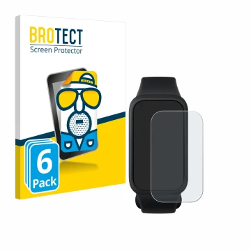 Face avant d’un emballage produit avec le logo de la marque BROTECT. À côté, l’appareil Xiaomi Smart Band 9 Active est représe