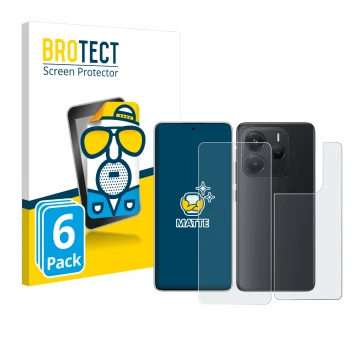 Face avant d’un emballage produit avec le logo de la marque BROTECT. À côté, l’appareil Xiaomi Redmi Note 14 (Avant+Arrière) e