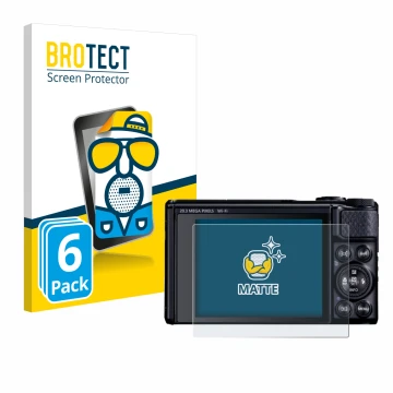 Face avant d’un emballage produit avec le logo de la marque BROTECT. À côté, l’appareil Canon PowerShot SX740 HS Lite est repr