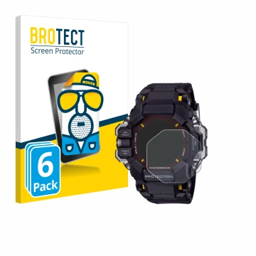 Face avant d’un emballage produit avec le logo de la marque BROTECT. À côté, l’appareil Casio G-Shock GPR-H 1000 est représent