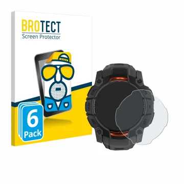 Face avant d’un emballage produit avec le logo de la marque BROTECT. À côté, l’appareil Garmin Instinct 3 Solar (50 mm) est re