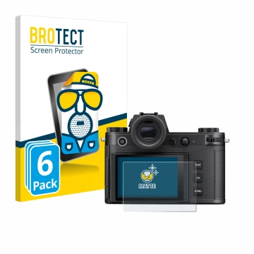 Face avant d’un emballage produit avec le logo de la marque BROTECT. À côté, l’appareil Leica SL3-S est représenté avec la pro