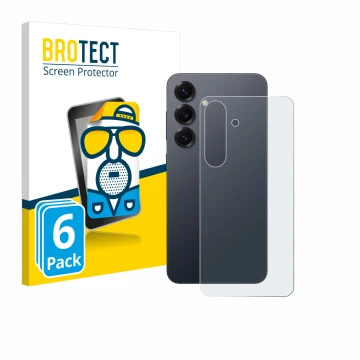 Face avant d’un emballage produit avec le logo de la marque BROTECT. À côté, l’appareil Samsung Galaxy S25 (Arrière) est repré