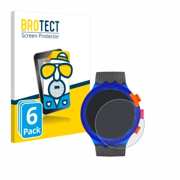 Face avant d’un emballage produit avec le logo de la marque BROTECT. À côté, l’appareil Swatch Neon Party est représenté avec 