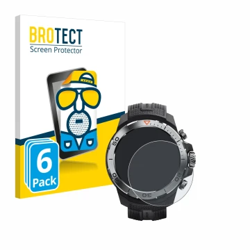 Face avant d’un emballage produit avec le logo de la marque BROTECT. À côté, l’appareil Xiaomi Mibro GS Explorer est représent