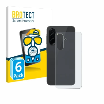 Face avant d’un emballage produit avec le logo de la marque BROTECT. À côté, l’appareil Samsung Galaxy A36 5G (Arrière) est re