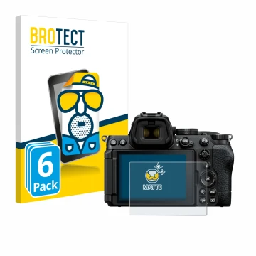 Face avant d’un emballage produit avec le logo de la marque BROTECT. À côté, l’appareil Nikon Z5 II est représenté avec la pro