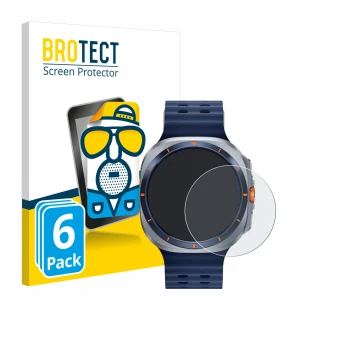 Face avant d’un emballage produit avec le logo de la marque BROTECT. À côté, l’appareil Samsung Galaxy Watch Ultra 2 (47 mm) e