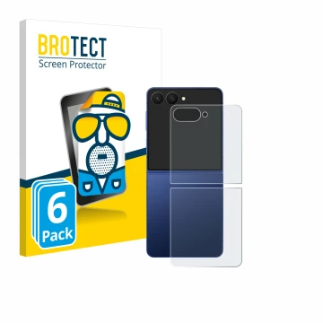 Face avant d’un emballage produit avec le logo de la marque BROTECT. À côté, l’appareil Samsung Galaxy Z Flip 7 (Arrière) est 