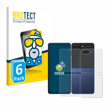 Face avant d’un emballage produit avec le logo de la marque BROTECT. À côté, l’appareil Samsung Galaxy Z Flip 7 (Avant+Arrière