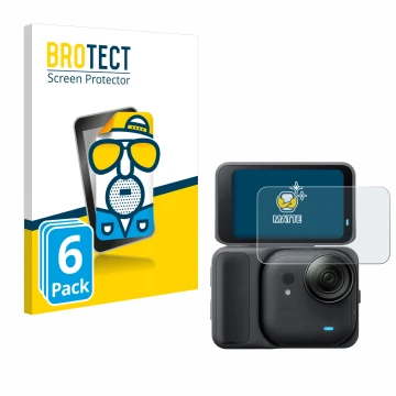 Face avant d’un emballage produit avec le logo de la marque BROTECT. À côté, l’appareil Insta360 Go Ultra est représenté avec 