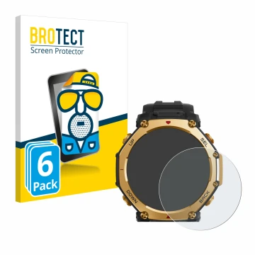 Face avant d’un emballage produit avec le logo de la marque BROTECT. À côté, l’appareil Huami Amazfit T-Rex 3 Pro (48 mm) est 