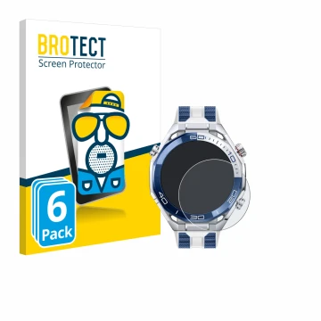 Face avant d’un emballage produit avec le logo de la marque BROTECT. À côté, l’appareil Huawei Watch Ultimate 2 Blue est repré
