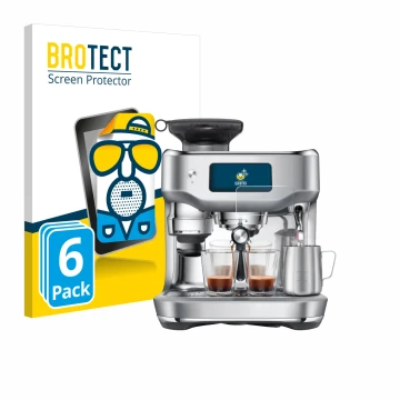 Face avant d’un emballage produit avec le logo de la marque BROTECT. À côté, l’appareil Sage the Oracle Dual Boiler est représ