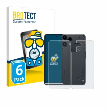 Face avant d’un emballage produit avec le logo de la marque BROTECT. À côté, l’appareil Nothing Phone (3a) Lite (Avant+Arrière