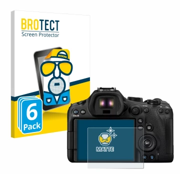 Face avant d’un emballage produit avec le logo de la marque BROTECT. À côté, l’appareil Canon EOS R6 Mark III est représenté a