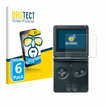 Face avant d’un emballage produit avec le logo de la marque BROTECT. À côté, l’appareil Nintendo Gameboy Advance GBA SP est re
