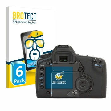 Face avant d’un emballage produit avec le logo de la marque BROTECT. À côté, l’appareil Canon EOS 5D est représenté avec la pr