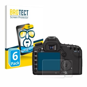 Face avant d’un emballage produit avec le logo de la marque BROTECT. À côté, l’appareil Canon EOS 5D Mark II est représenté av