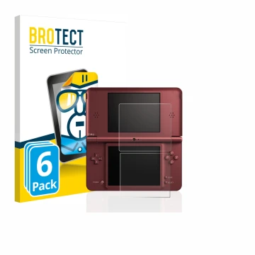 Face avant d’un emballage produit avec le logo de la marque BROTECT. À côté, l’appareil Nintendo DSi XL est représenté avec la