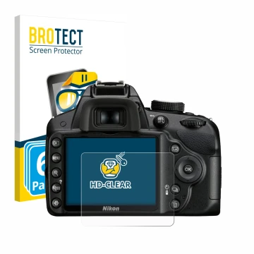 Face avant d’un emballage produit avec le logo de la marque BROTECT. À côté, l’appareil Nikon D3200 est représenté avec la pro