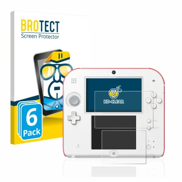 Face avant d’un emballage produit avec le logo de la marque BROTECT. À côté, l’appareil Nintendo 2DS est représenté avec la pr