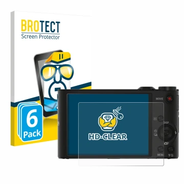 Face avant d’un emballage produit avec le logo de la marque BROTECT. À côté, l’appareil Sony Cyber-Shot DSC-WX350 est représen