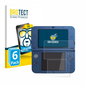 Face avant d’un emballage produit avec le logo de la marque BROTECT. À côté, l’appareil Nintendo New 3DS XL est représenté ave