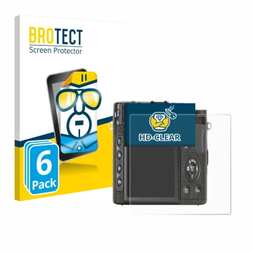 Face avant d’un emballage produit avec le logo de la marque BROTECT. À côté, l’appareil Fujifilm X10 est représenté avec la pr