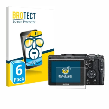 Face avant d’un emballage produit avec le logo de la marque BROTECT. À côté, l’appareil Ricoh GR II 2015 est représenté avec l