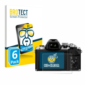 Face avant d’un emballage produit avec le logo de la marque BROTECT. À côté, l’appareil Olympus OM-D E-M10 Mark II est représe