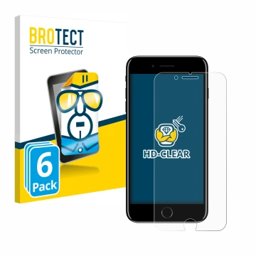 Face avant d’un emballage produit avec le logo de la marque BROTECT. À côté, l’appareil Apple iPhone 7 Plus est représenté ave