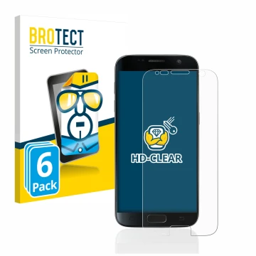 Face avant d’un emballage produit avec le logo de la marque BROTECT. À côté, l’appareil Samsung Galaxy S7 est représenté avec 