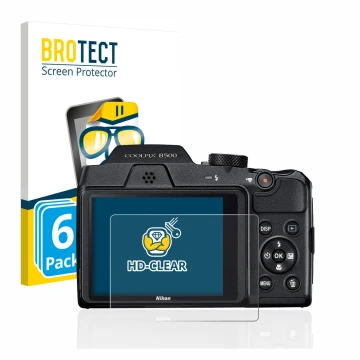 Face avant d’un emballage produit avec le logo de la marque BROTECT. À côté, l’appareil Nikon Coolpix B500 est représenté avec