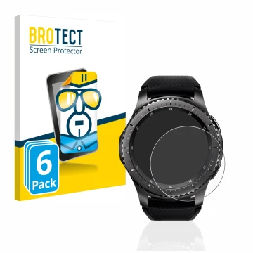 Face avant d’un emballage produit avec le logo de la marque BROTECT. À côté, l’appareil Samsung Gear S3 Frontier est représent