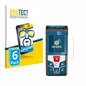 Face avant d’un emballage produit avec le logo de la marque BROTECT. À côté, l’appareil Bosch GLM 50 C Professional est représ