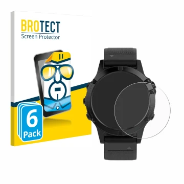 Face avant d’un emballage produit avec le logo de la marque BROTECT. À côté, l’appareil Garmin Fenix 5 (47 mm) est représenté 