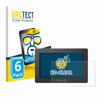 Face avant d’un emballage produit avec le logo de la marque BROTECT. À côté, l’appareil Blackmagic Design Video Assist (5.0) e