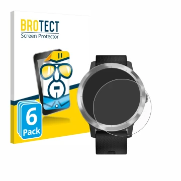 Face avant d’un emballage produit avec le logo de la marque BROTECT. À côté, l’appareil Garmin vivoactive 3 est représenté ave