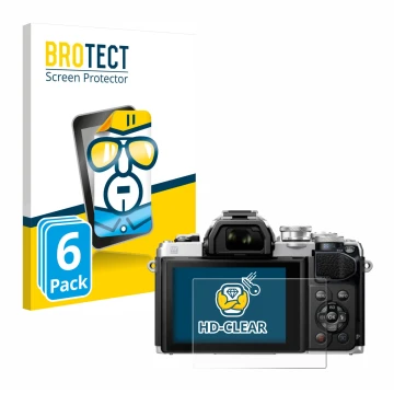 Face avant d’un emballage produit avec le logo de la marque BROTECT. À côté, l’appareil Olympus OM-D E-M10 Mark III est représ
