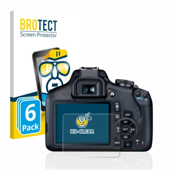 Face avant d’un emballage produit avec le logo de la marque BROTECT. À côté, l’appareil Canon EOS 2000D est représenté avec la