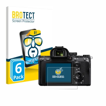 Face avant d’un emballage produit avec le logo de la marque BROTECT. À côté, l’appareil Sony Alpha 7 III (ILCE-7M3) est représ