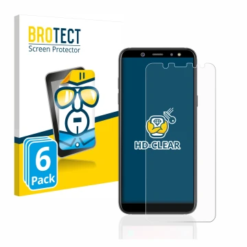 Face avant d’un emballage produit avec le logo de la marque BROTECT. À côté, l’appareil Samsung Galaxy A6 2018 est représenté 