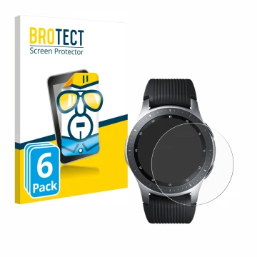 Face avant d’un emballage produit avec le logo de la marque BROTECT. À côté, l’appareil Samsung Galaxy Watch (46 mm) est repré